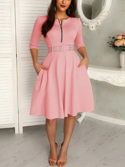 Robe Femme A-Ligne - Longueur Genou - Manches 3/4 - Col Rond avec Zip - Ceinture Ajustable
