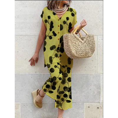 Robe Longue Femme - Fluide et Légère - Imprimé Botanique - Col V Boutonné - Manches Courtes