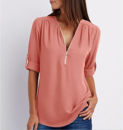 Blouse femme – Coupe décontractée – Tissu respirant – Demi-zip – Manches 3/4 retroussables