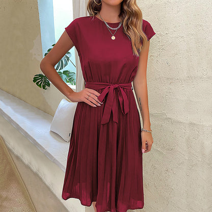 Robe mi-longue à manches courtes pour femme - Ceinture nouée - Jupe plissée souple
