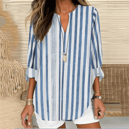 Tunique Femme – Coupe Ample – Fibres Naturelles – Manches 3/4 – Col V Rayé