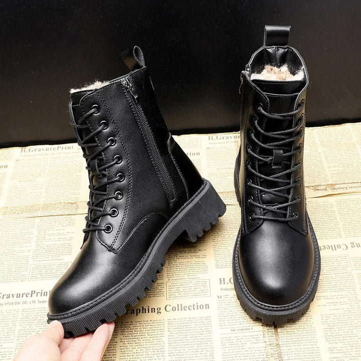 Bottes montantes femme – cuir lisse – doublure fourrure – fermeture lacets et zip