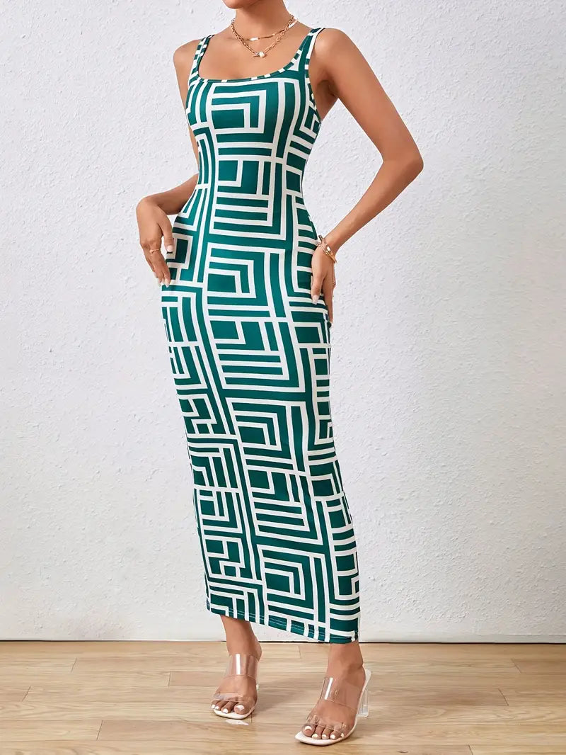 Robe Midi Femme - Coupe Ajustée - Sans Manches - Encolure Carrée - Style Moderne