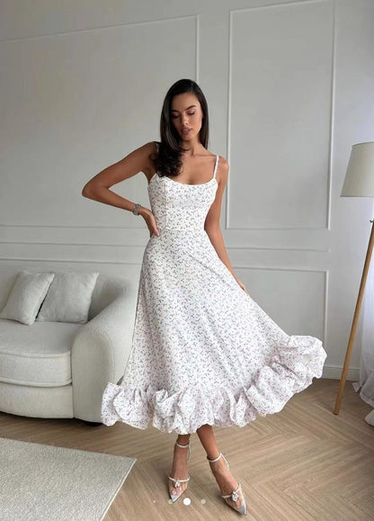 Robe Midi Femme - Bretelles Fines - Coupe Évasée - Ourlet Volanté - Élégante et Chic