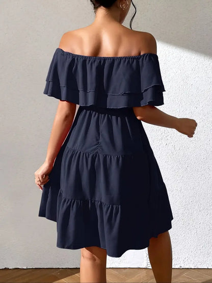 Robe Femme Épaules Dénudées - Volants Élégants - Taille Élastique - Coupe Évasée