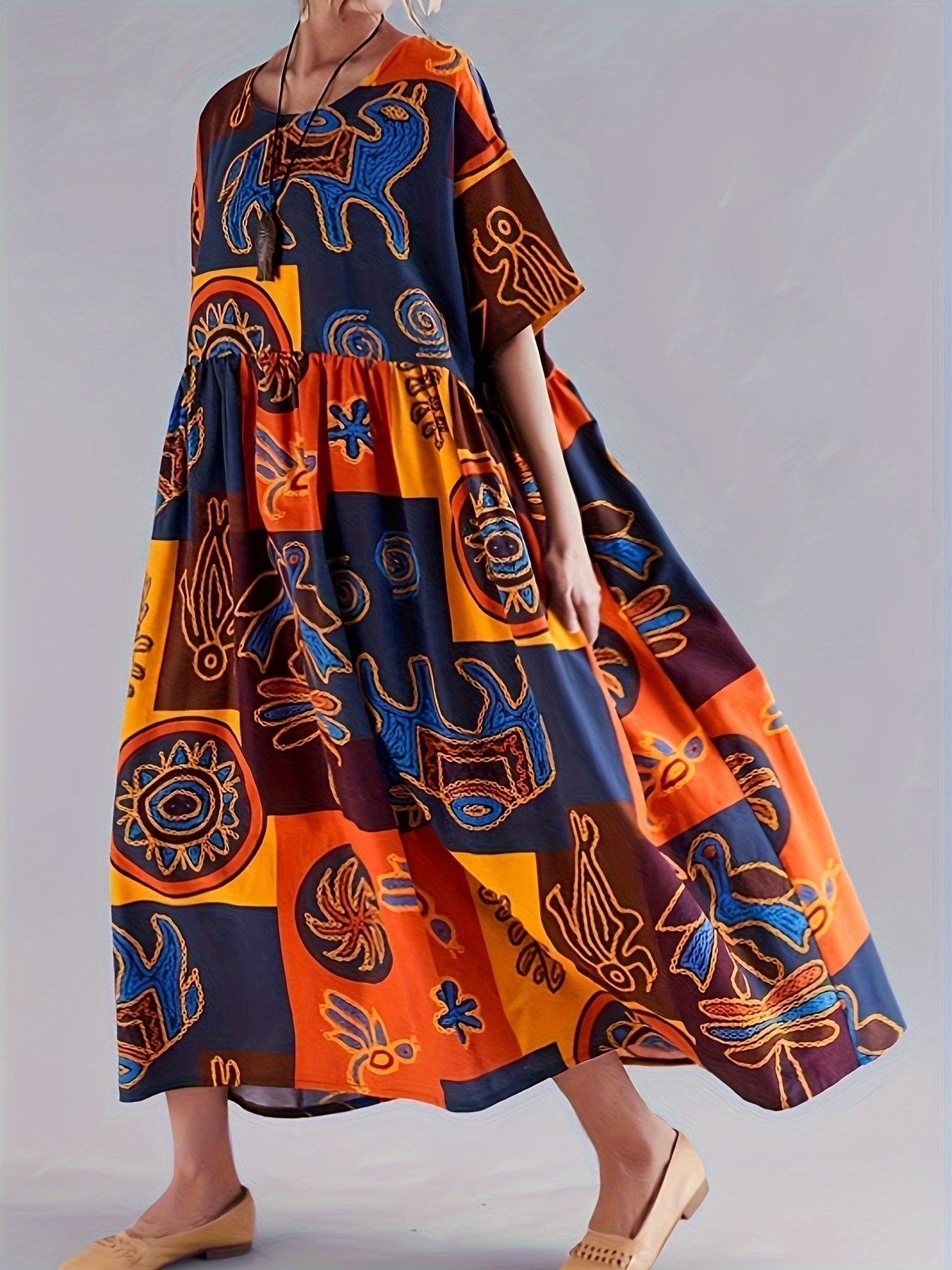 Robe Femme - Longue et Ample - Manches Courtes - Style Bohème Graphique