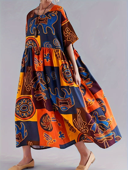 Robe Femme - Longue et Ample - Manches Courtes - Style Bohème Graphique