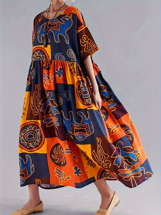 Robe Femme - Longue et Ample - Manches Courtes - Style Bohème Graphique