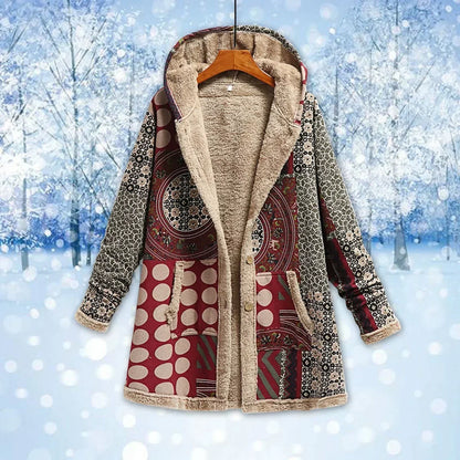Veste longue femme – Coupe décontractée – Capuche – Design patchwork – Doublée chaude