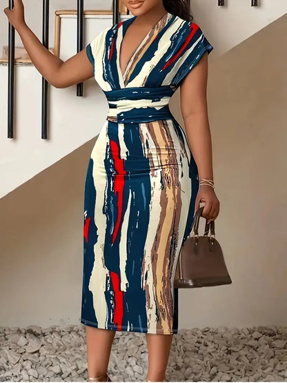 Robe Midi Femme - Cintrée Patchwork Denim - Manches Courtes Col V Chic