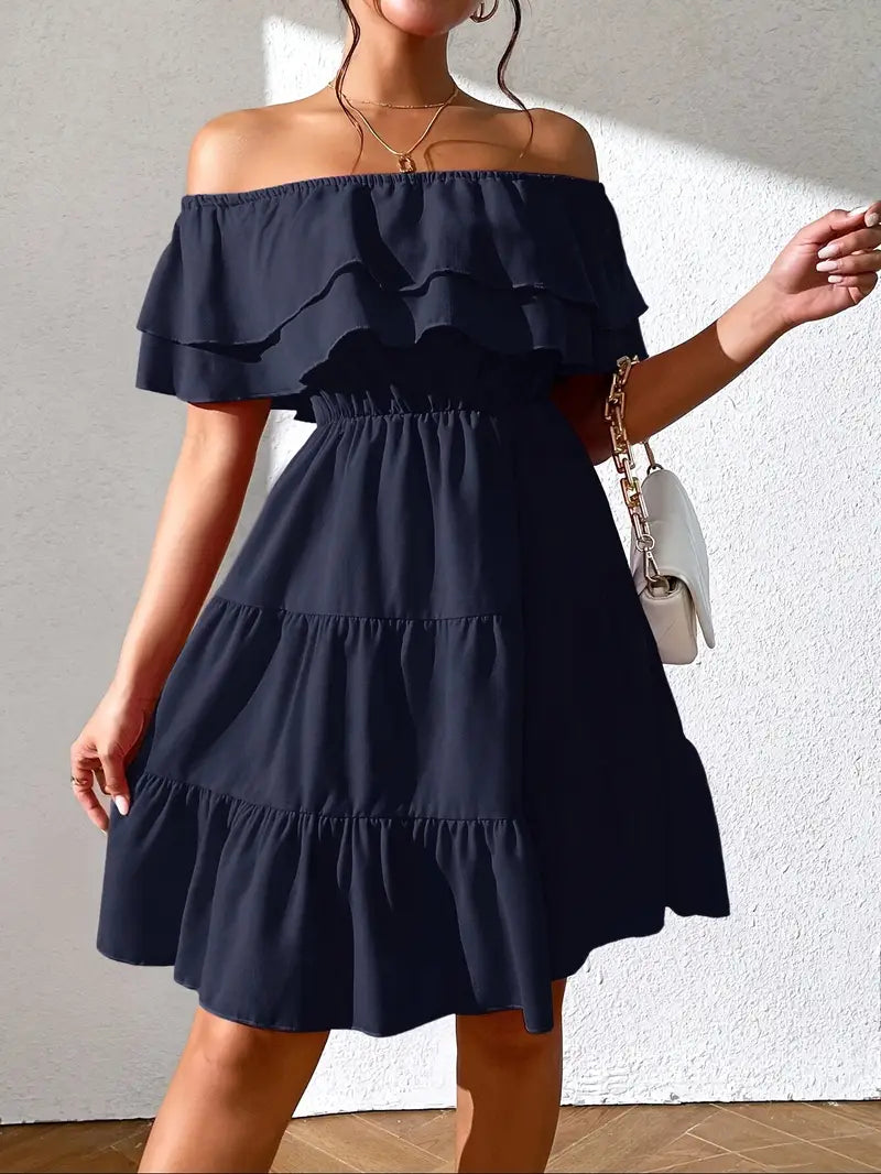 Robe Femme Épaules Dénudées - Volants Élégants - Taille Élastique - Coupe Évasée