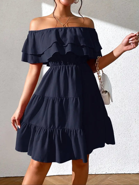 Robe Femme Épaules Dénudées - Volants Élégants - Taille Élastique - Coupe Évasée