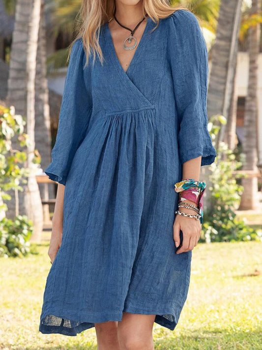 Julia - Robe portefeuille à col en V pour femme - Manches 3/4 - Tenue d'été décontractée