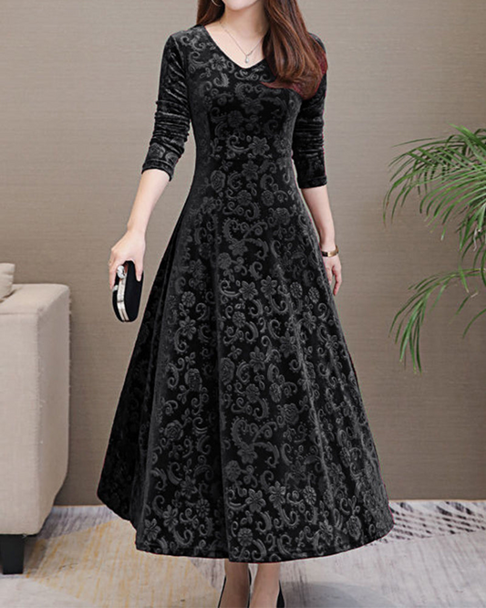 Robe Femme Élégante - Coupe Évasée - Tissu Luxueux - Manches 3/4 - Col V