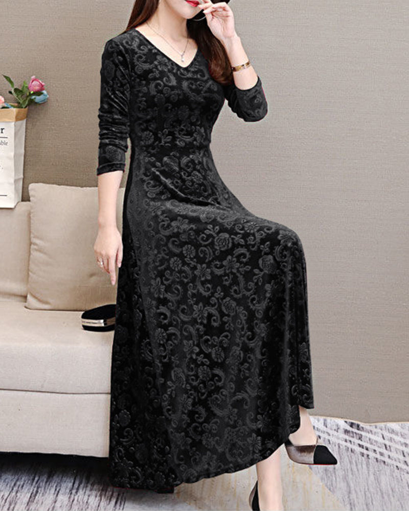 Robe Femme Élégante - Coupe Évasée - Tissu Luxueux - Manches 3/4 - Col V