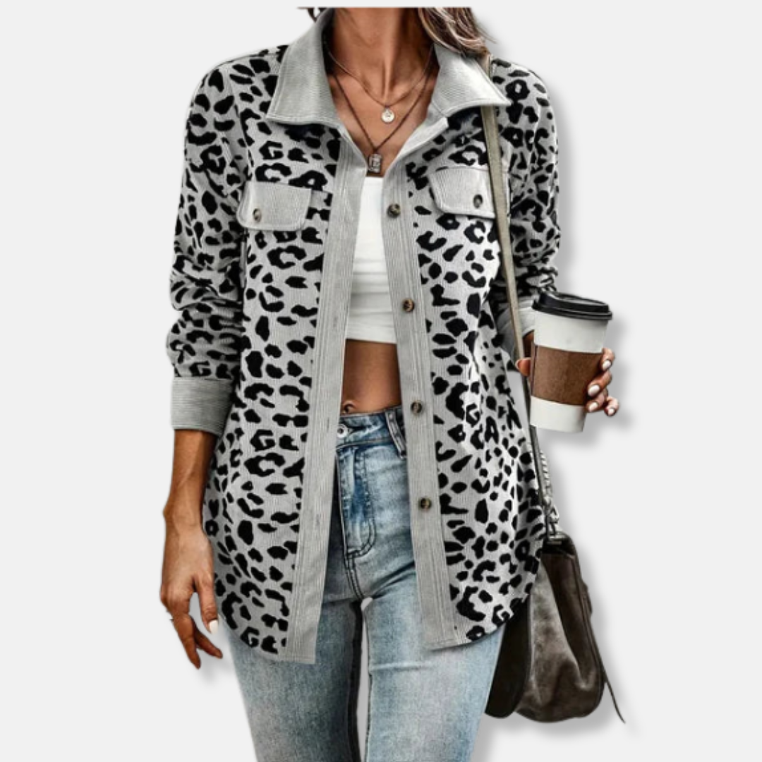 Femme Surchemise - Velours Côtelé - Coupe Décontractée - Col Pointu - Imprimé Léopard