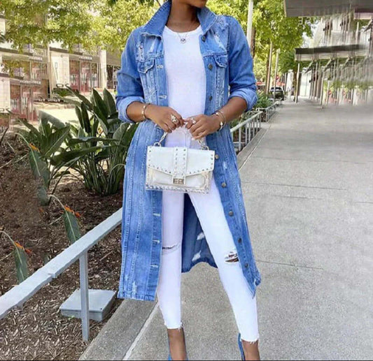 Manteau trench femme – Coupe droite décontractée – Denim – Détails usés – Longueur maxi