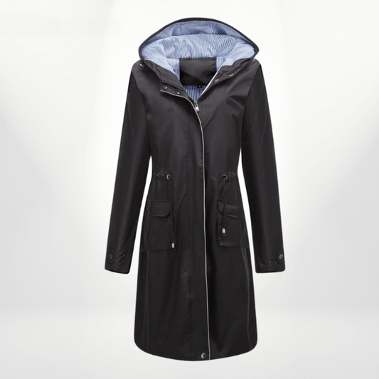 Manteau trench femme – Imperméable long – Capuche – Taille ajustable – Poches à rabat