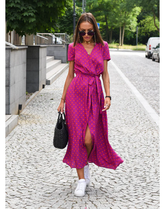 Robe midi portefeuille femme – Tissu léger respirant – Manches courtes – Ceinture nouée