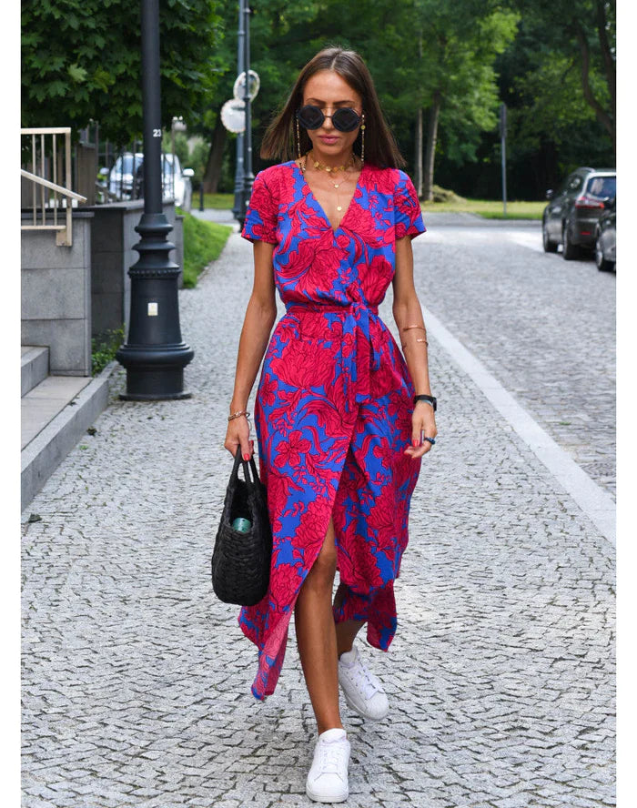 Robe midi portefeuille femme – Tissu léger respirant – Manches courtes – Ceinture nouée