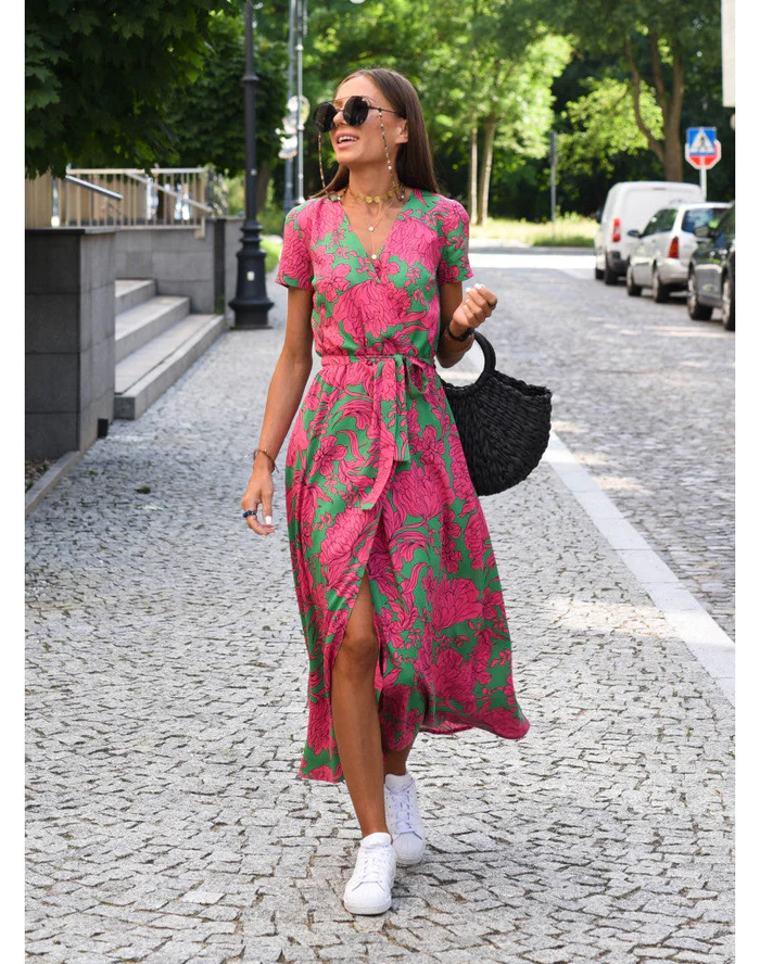 Robe midi portefeuille femme – Tissu léger respirant – Manches courtes – Ceinture nouée