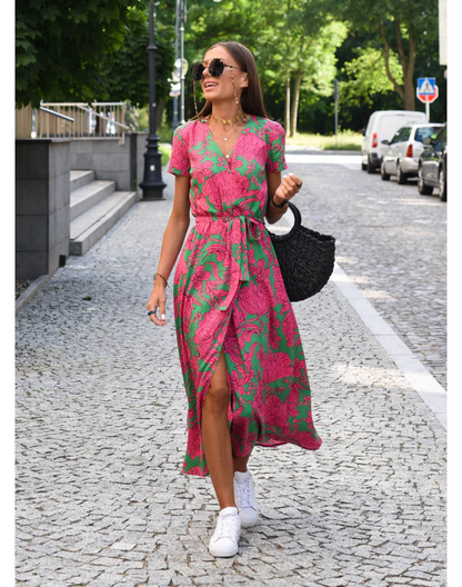Robe midi portefeuille femme – Tissu léger respirant – Manches courtes – Ceinture nouée