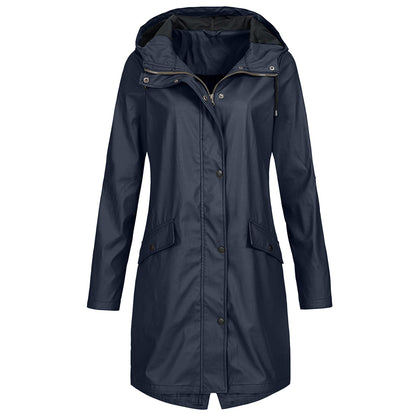 Veste imperméable femme – Coupe longue – Capuche ajustable – Fermeture zippée et boutons
