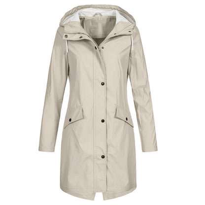 Veste imperméable femme – Coupe longue – Capuche ajustable – Fermeture zippée et boutons