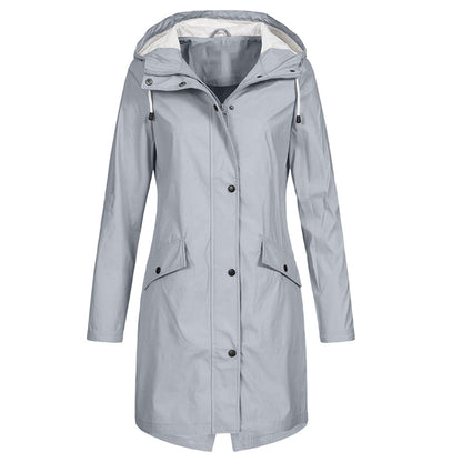 Veste imperméable femme – Coupe longue – Capuche ajustable – Fermeture zippée et boutons
