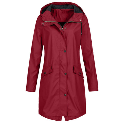 Veste imperméable femme – Coupe longue – Capuche ajustable – Fermeture zippée et boutons