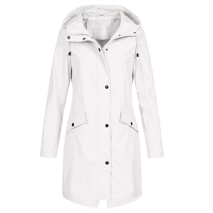 Veste imperméable femme – Coupe longue – Capuche ajustable – Fermeture zippée et boutons