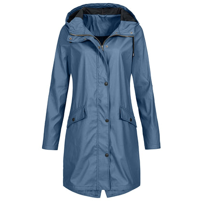 Veste imperméable femme – Coupe longue – Capuche ajustable – Fermeture zippée et boutons