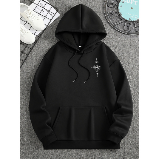 Sweat à capuche homme – Coupe régulière – Coton doux – Imprimé boussole – Poche kangourou
