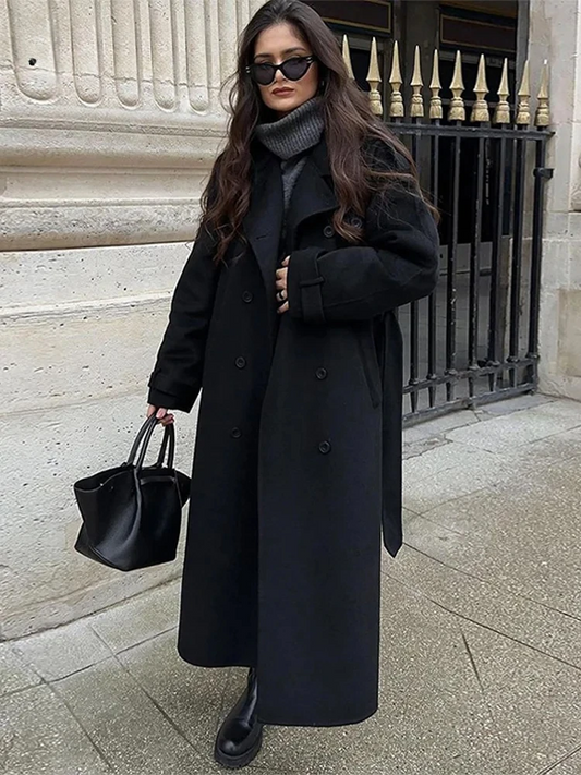 Manteau trench femme – Laine – Longueur totale – Coupe à ceinture – Double boutonnage