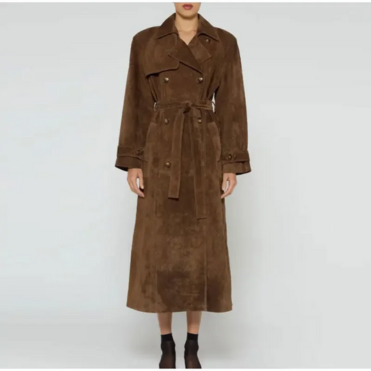 Manteau trench femme – Coupe structurée – Finition suédée – Ceinture – Longueur maxi