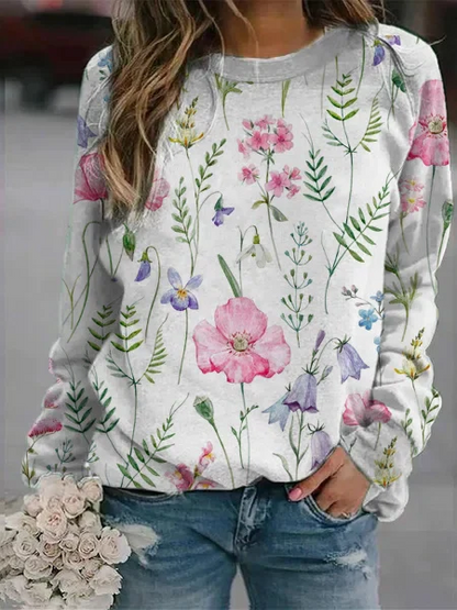 Pull femme – Maille légère – Coupe décontractée – Imprimé fleuri – Col rond – Manches longues