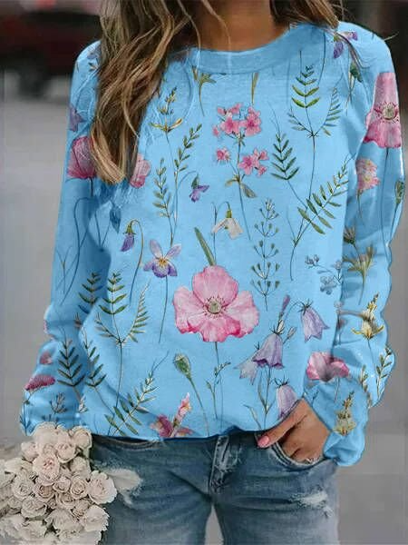 Pull femme – Maille légère – Coupe décontractée – Imprimé fleuri – Col rond – Manches longues