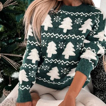 Pull pour femme – Coupe décontractée – Maille laine – Motifs festifs – Finitions côtelées