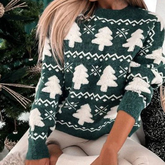 Pull pour femme – Coupe décontractée – Maille laine – Motifs festifs – Finitions côtelées