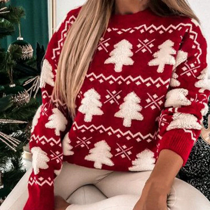 Pull pour femme – Coupe décontractée – Maille laine – Motifs festifs – Finitions côtelées