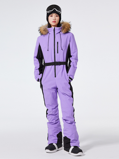 Combinaison de ski femme – Coupe slim – Imperméable et coupe-vent – Capuche fausse fourrure
