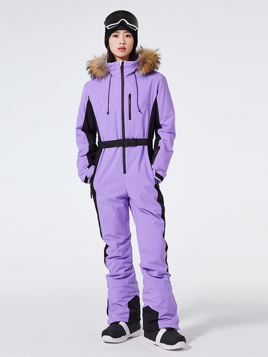 Combinaison de ski femme – Coupe slim – Imperméable et coupe-vent – Capuche fausse fourrure
