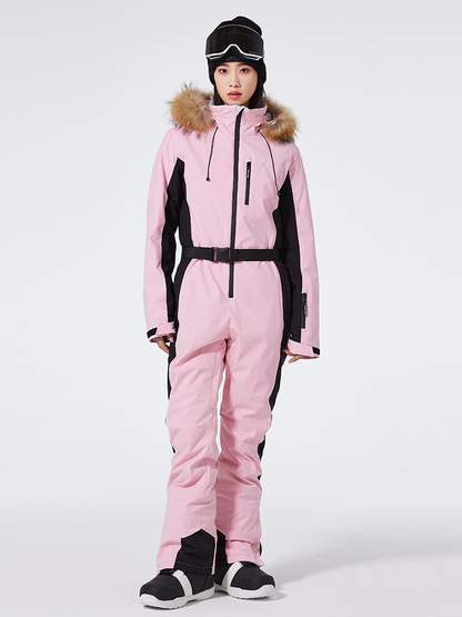 Combinaison de ski femme – Coupe slim – Imperméable et coupe-vent – Capuche fausse fourrure