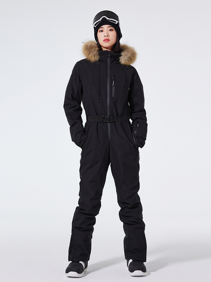 Combinaison de ski femme – Coupe slim – Imperméable et coupe-vent – Capuche fausse fourrure