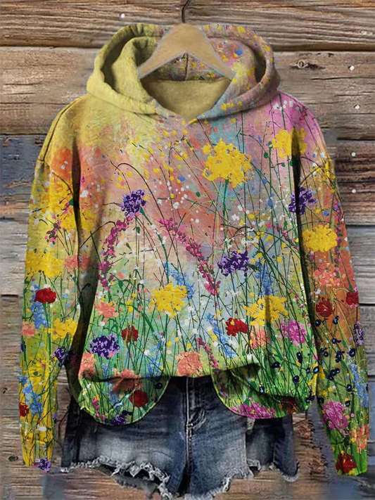 Sweat à capuche femme – Coupe ample – Imprimé fleuri artistique – Mélange coton doux
