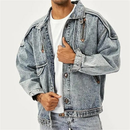 Veste en jean homme – Coupe décontractée – Poches à rabat – Détails zippés épaules