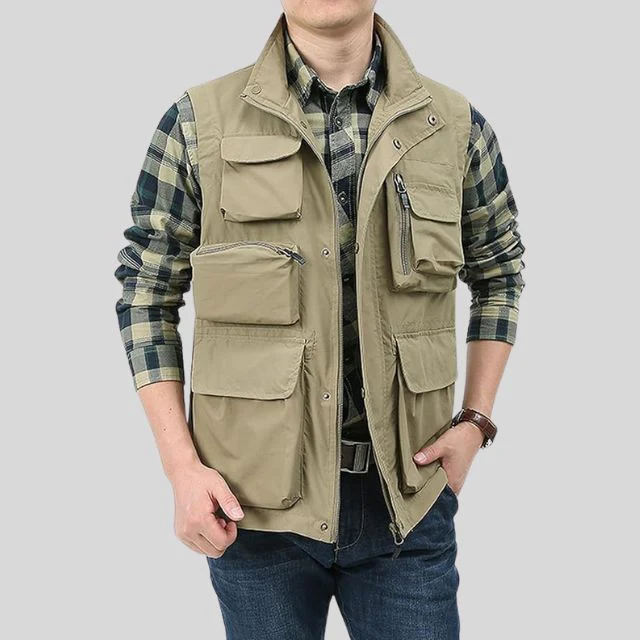 Gilet sans manches cargo homme – Coupe régulière – Poches utilitaires – Col montant