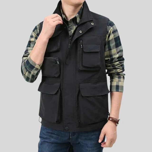 Gilet sans manches cargo homme – Coupe régulière – Poches utilitaires – Col montant