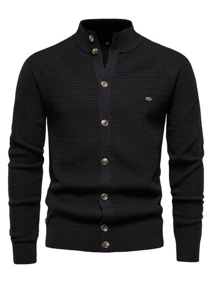 Sweatshirt homme – Coupe slim – Col montant côtelé – Boutonnage frontal – Maille texturée