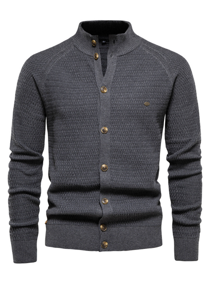 Sweatshirt homme – Coupe slim – Col montant côtelé – Boutonnage frontal – Maille texturée